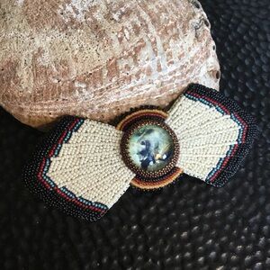 Unique Handcrafted Barrette with Brown Bear Design - Beaded Feather Fan Design